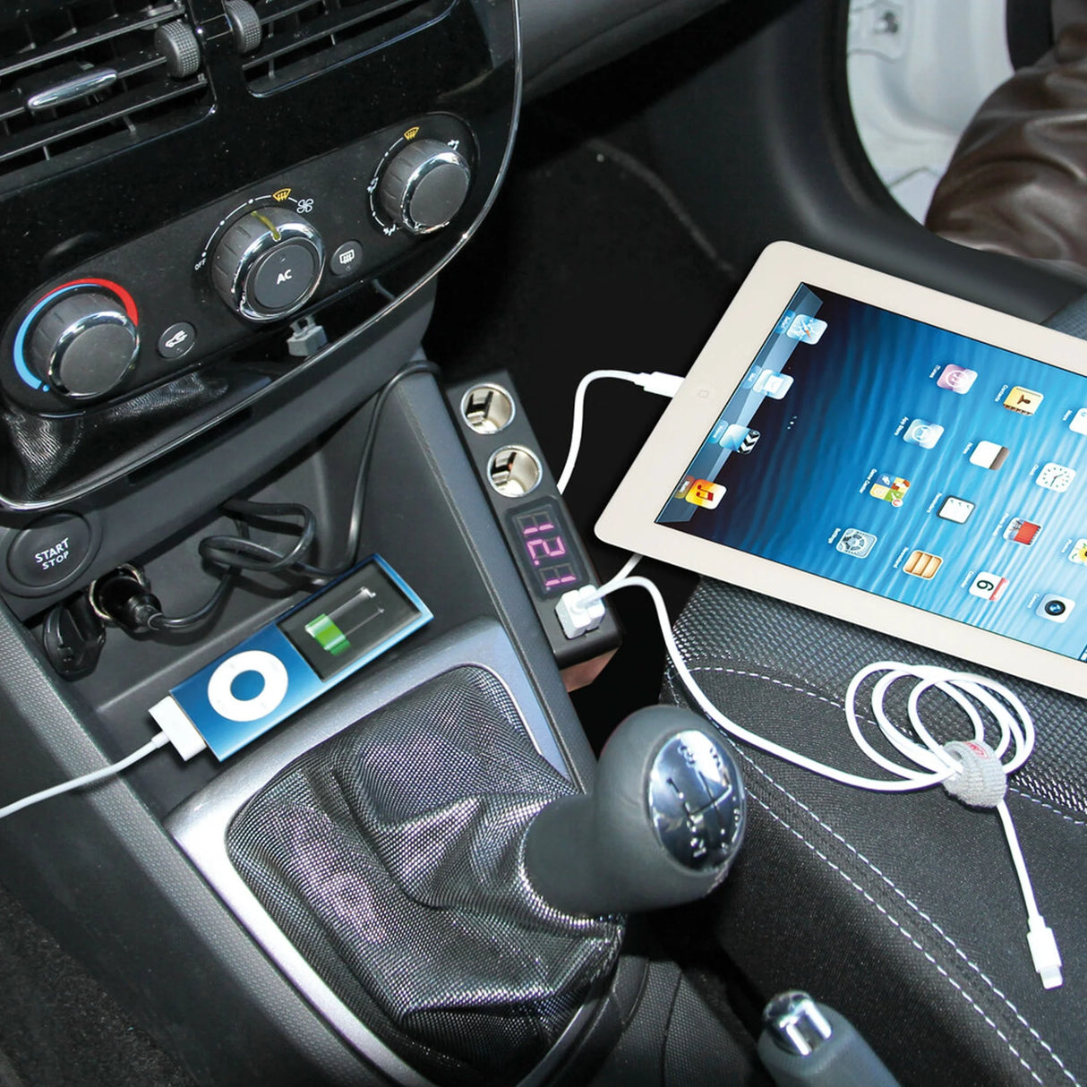 Dual Car Cigarette Lighter Splitter with 2 USB Ports & Voltmeter