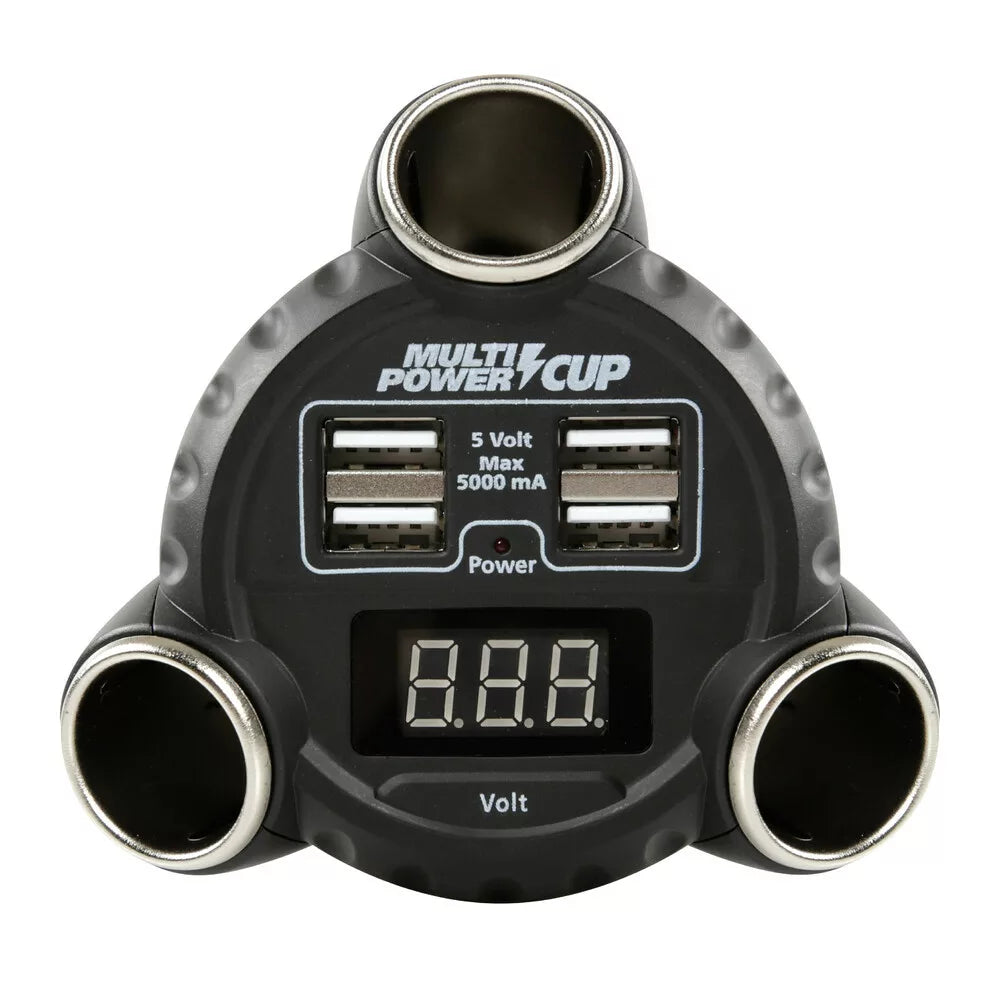 3-Socket Car Cigarette Lighter Splitter with Voltmeter & 4 USB Ports – Cup Holder Mount